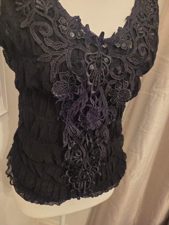 George Tops - Y2K George Mesh Black Embroidered Lace Whimsigoth Stretchy Top With Sequins